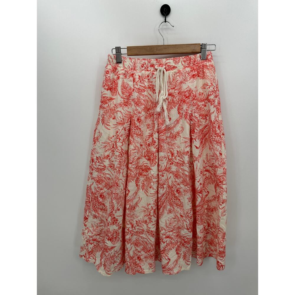 Kirious Womens Red Linen Tropical‎ Midi Skirt Sz M Summer Beach Boho Pull On